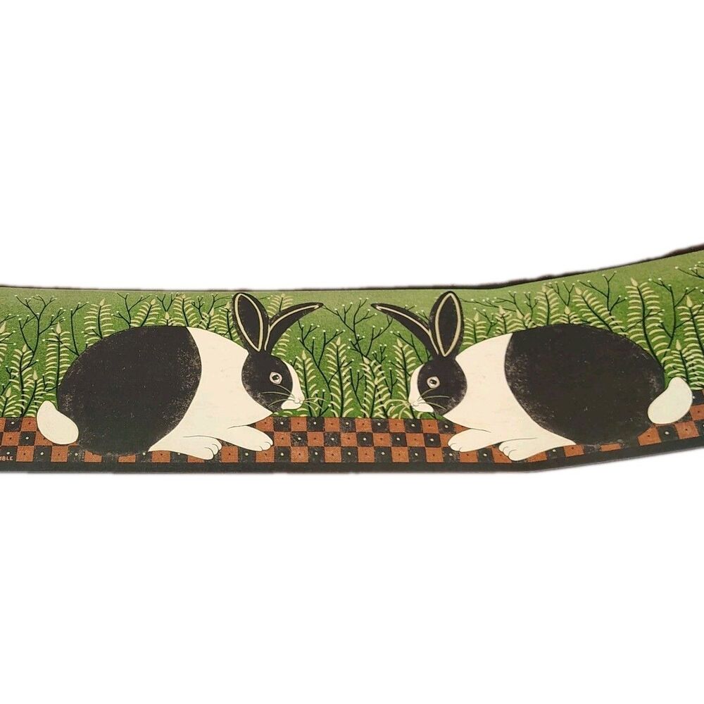 Checkerboard Red Black White Bunny Rabbit Folk Art Green Wallpaper Border 7" W